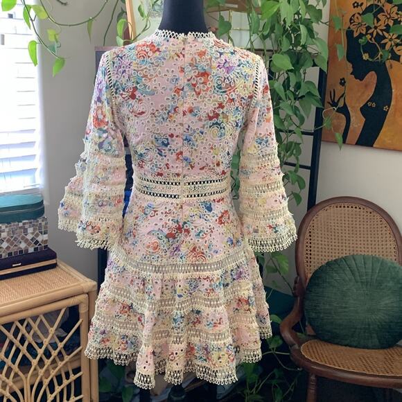 LEA Pink Floral Crochet Eyelet Bell Sleeve Mini Dress - M - Picture 3 of 4